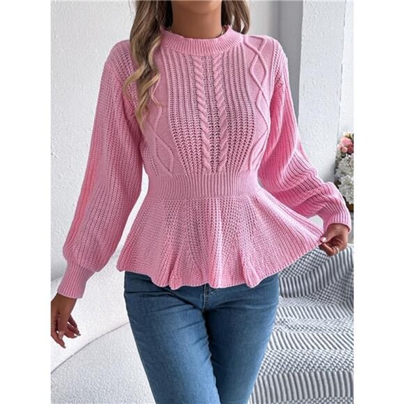 Cable Knit Round Neck Peplum Sweater - Picture 11 of 16